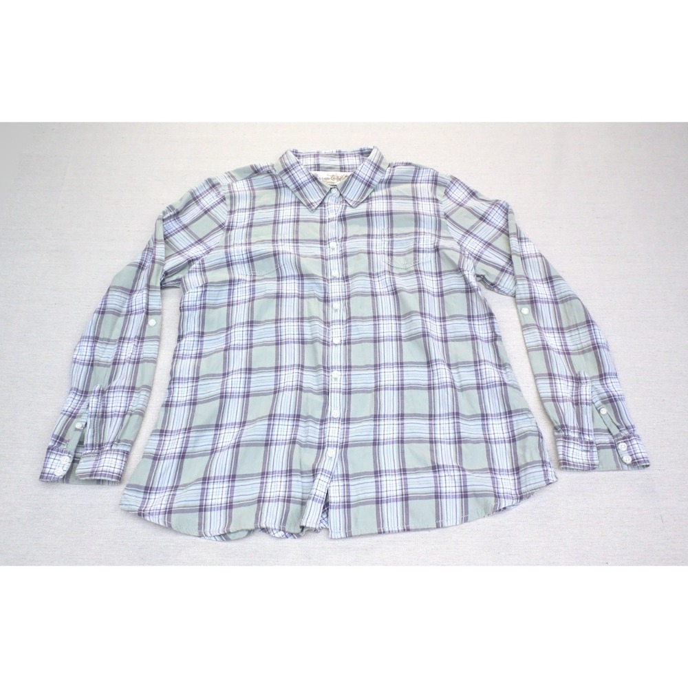 Aventura Womens XL 100% Organic Cotton Plaid Shirt Green Purple Bias Cut Back
